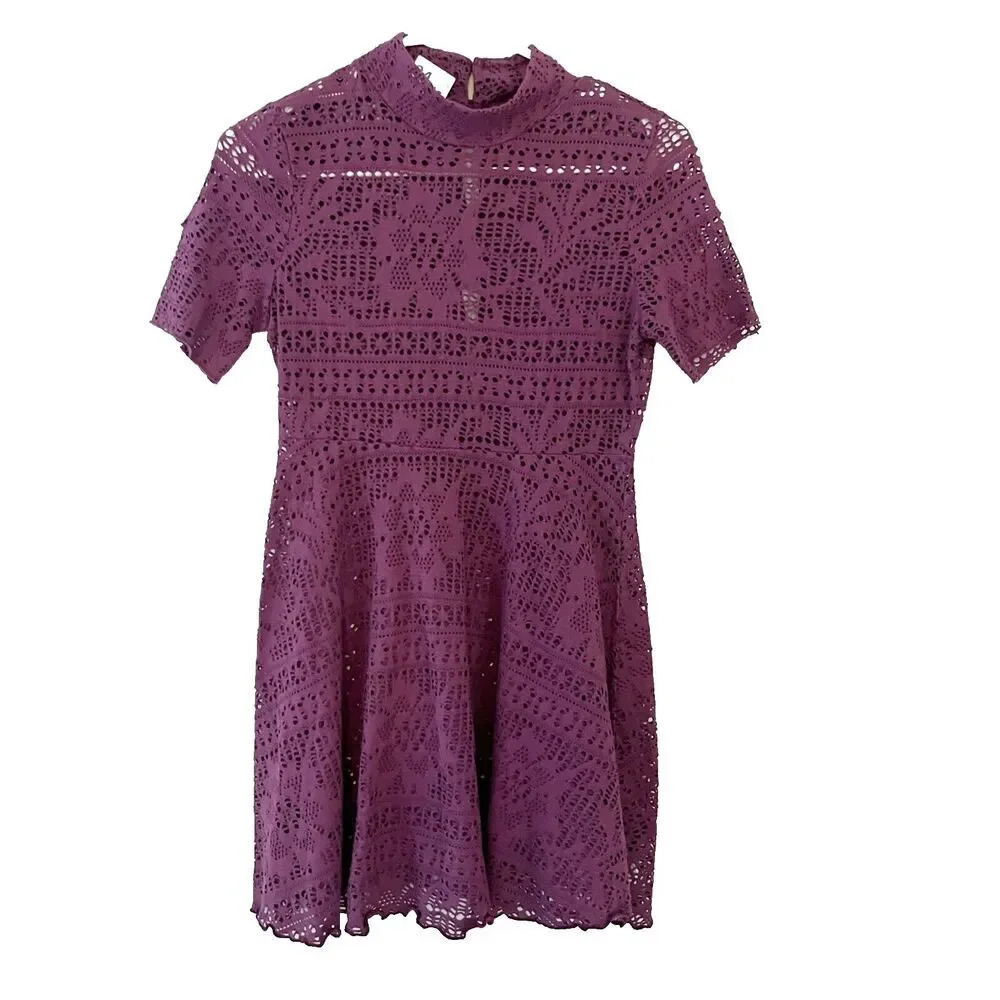 Free People Beach Women Purple A Line Dress S Short Sleeve Lace Floral Mock Neck